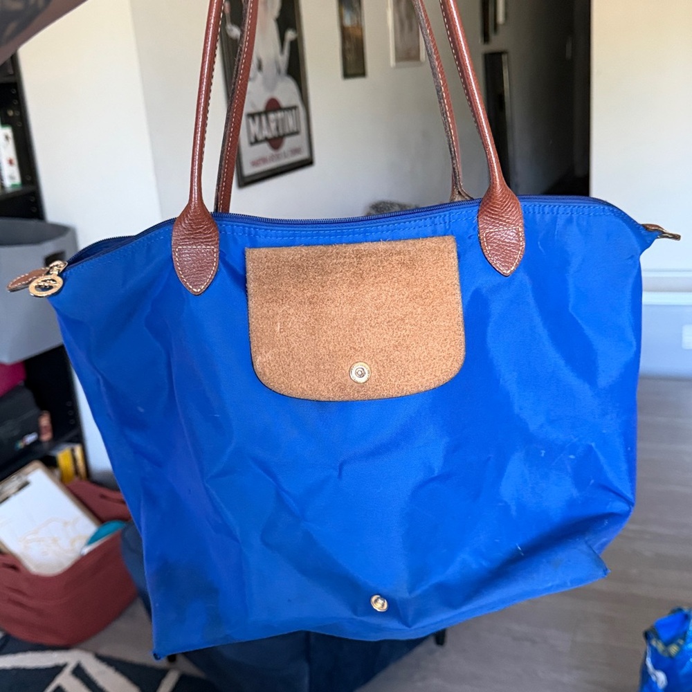 Longchamp Blue Tote Bag with Brown Accents